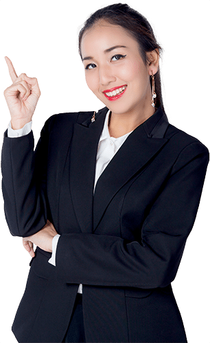 Young buisness woman with finger point up white background